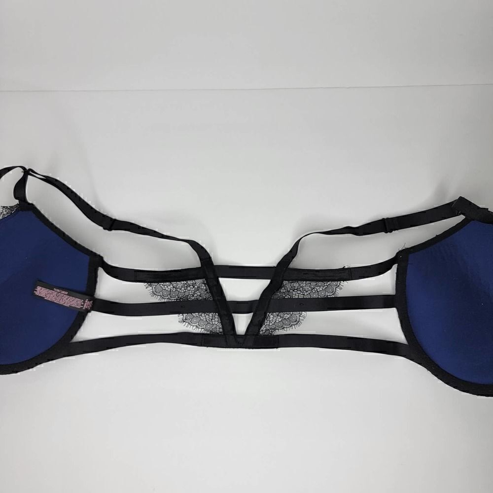 Victorias Secret Push Up Cutout Strappy Lace Blue Black 32 DD - Picture 7 of 13